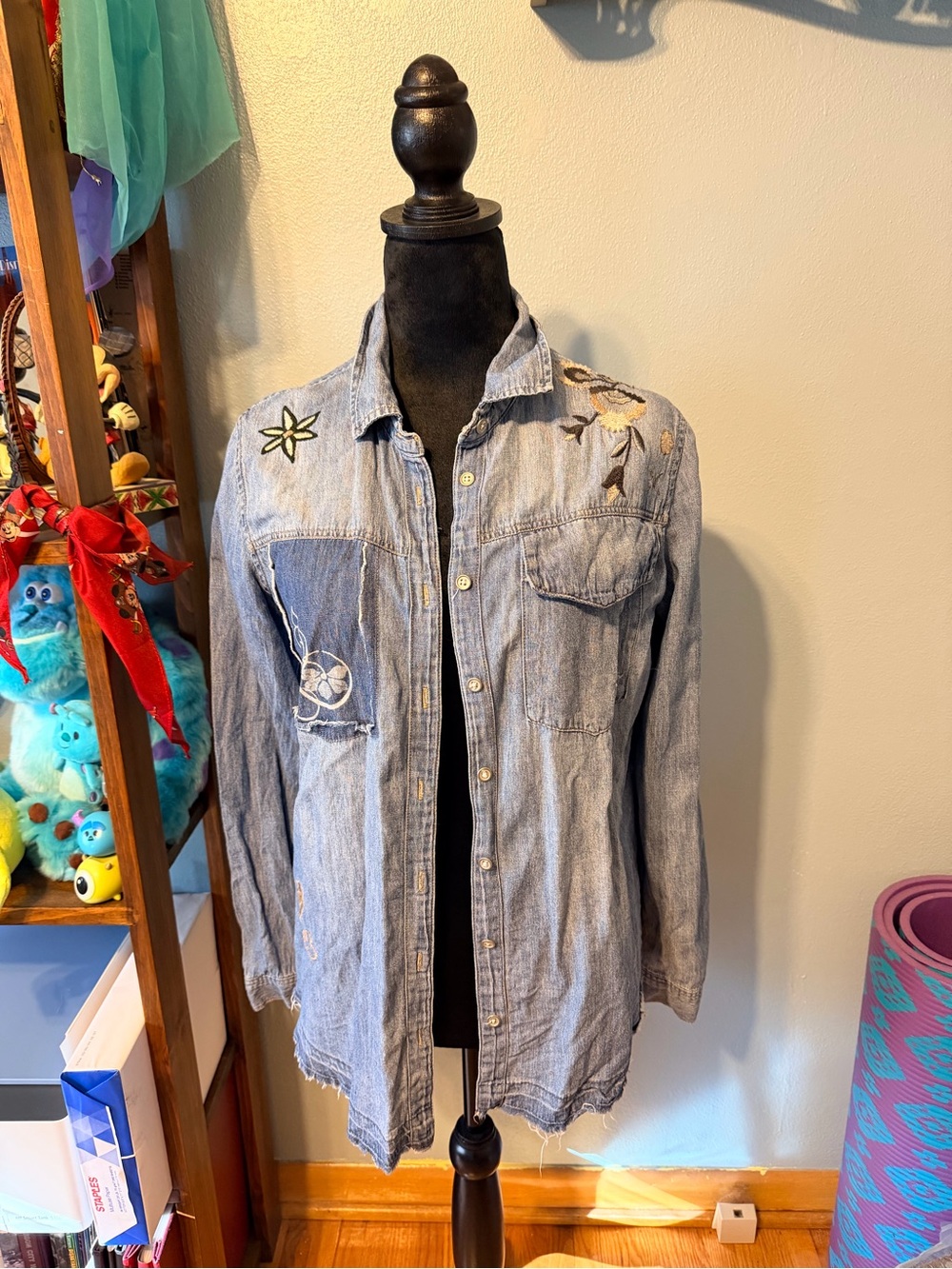 Embroidered Light Wash Denim Shirt  - Blue